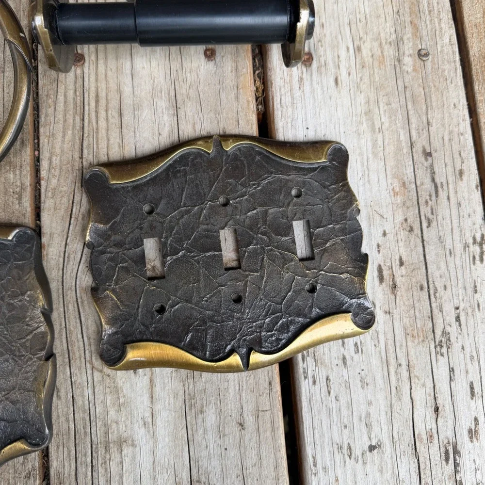 Vtg Amerock Carriage House Bath Hardware Set 1972 Brass Towel Ring Switch Plate